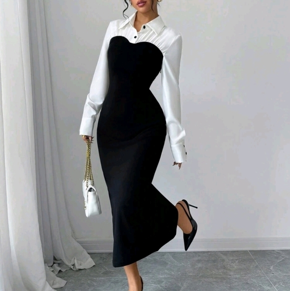 Dresses & Skirts - Women's Elegant And Romantic, Fake Two-Piece Black And White Color Dress